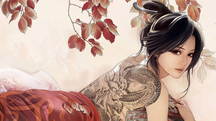 Caption: Beautiful Asian Woman Showcasing Intricate Back Tattoo Wallpaper