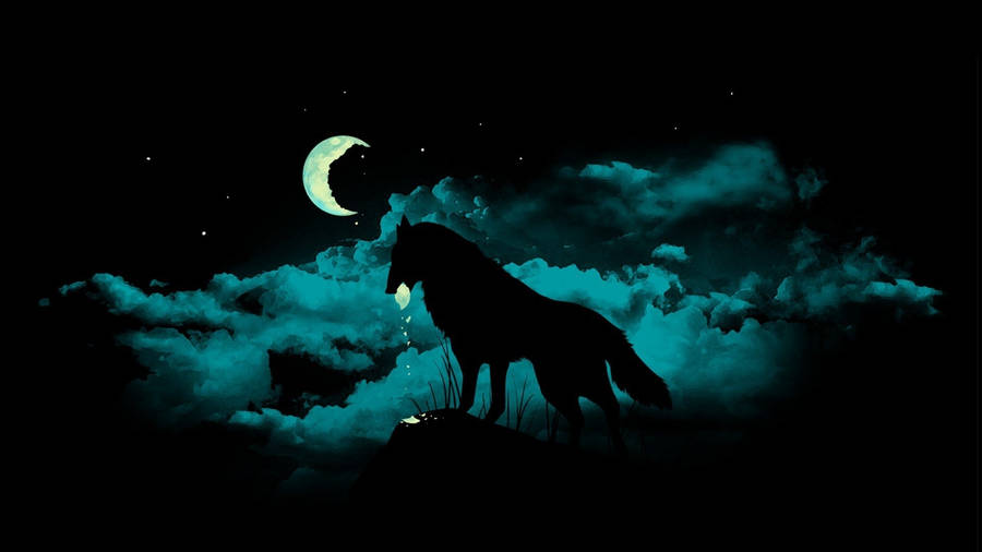 Caption: Dark Laptop With Enthralling Wolf Wallpaper At Night Wallpaper