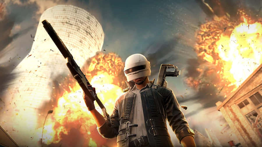 Caption: Defying Danger - Pubg New State Helmet Guy Amidst Explosions Wallpaper