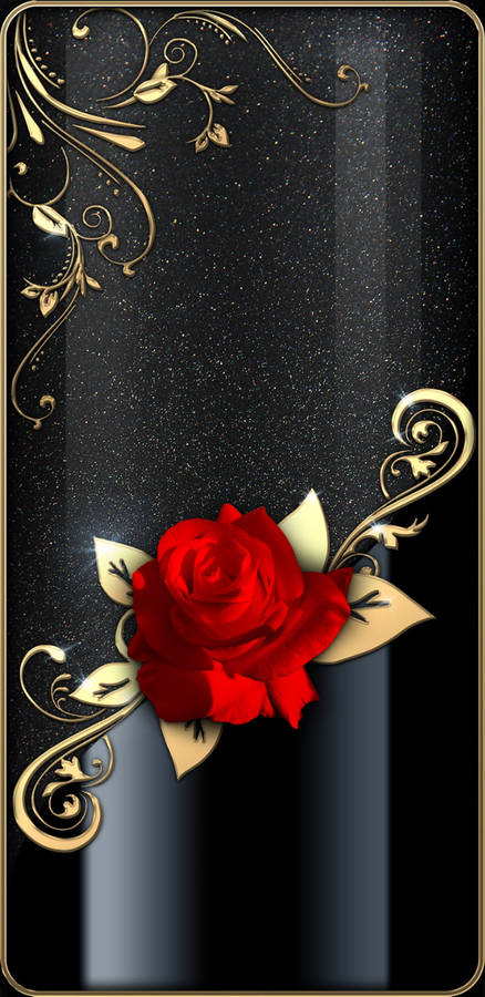 Caption: Elegant Black And Gold Iphone Adorned With A Stunning Red Rose Wallpaper