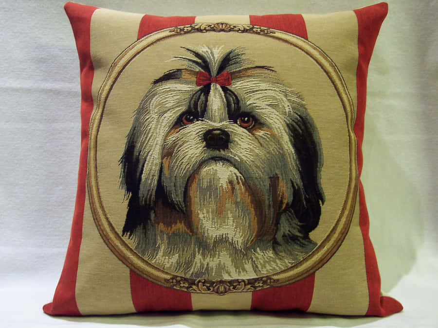 Caption: Elegant Embroidered Shih Tzu Pillow Wallpaper