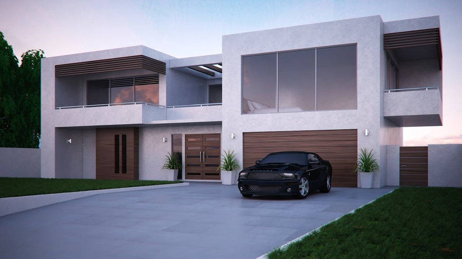 Caption: Elegant Modern House With Sleek Black Car Wallpaper