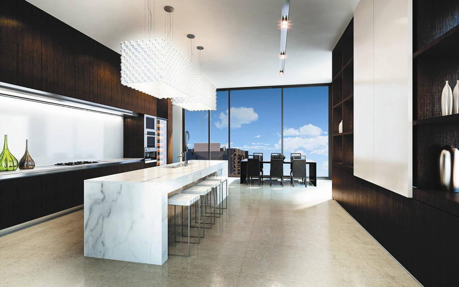 Caption: Elegant White Marble Kitchen Design Wallpaper