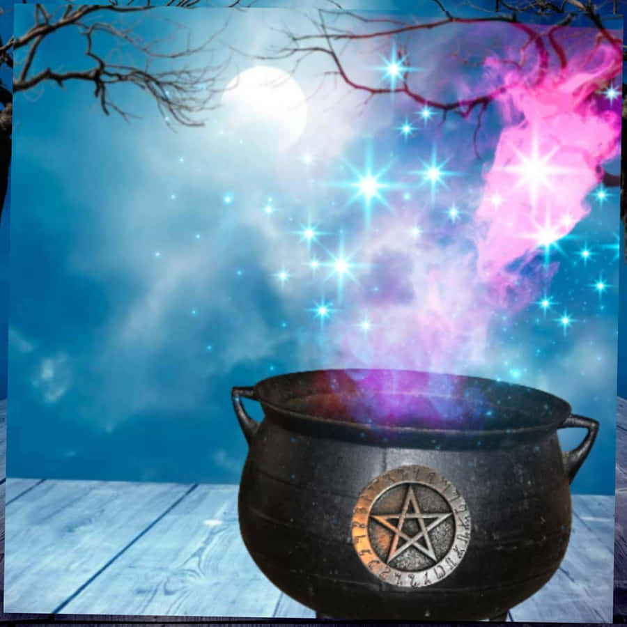 Caption: Enchanting Cauldron Surrounded By Mystical Elements Wallpaper