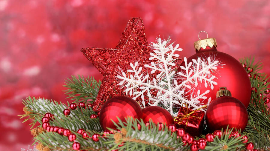 Caption: Festive Christmas Desktop With Red Ornaments Wallpaper