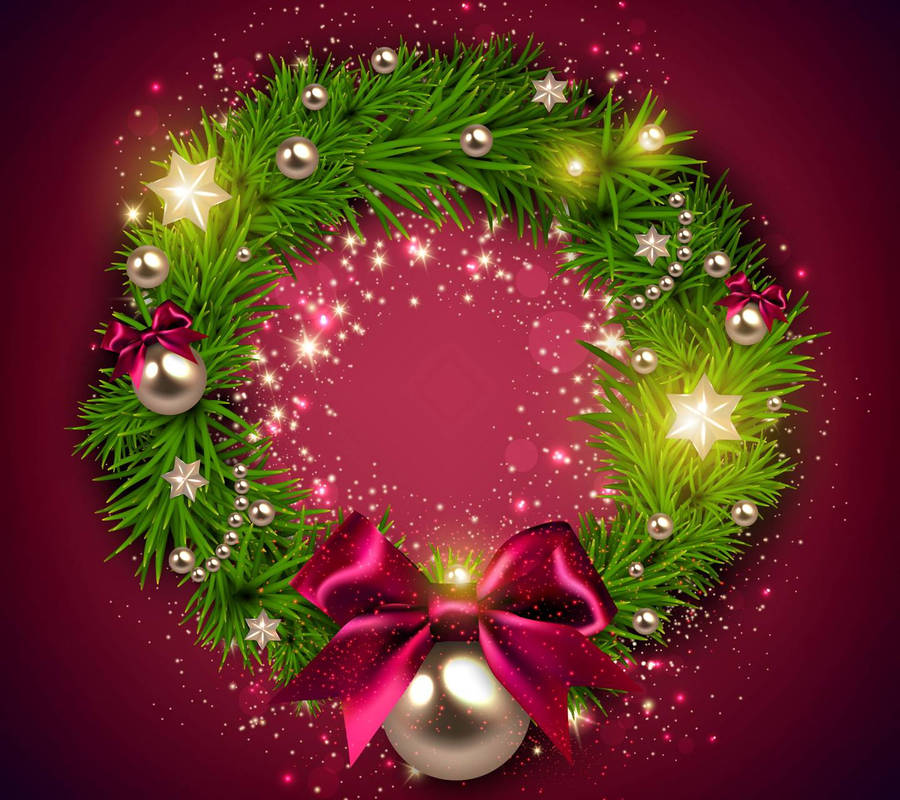 Caption: Glorious Christmas Wreath With Purple Ribbon Wallpaper