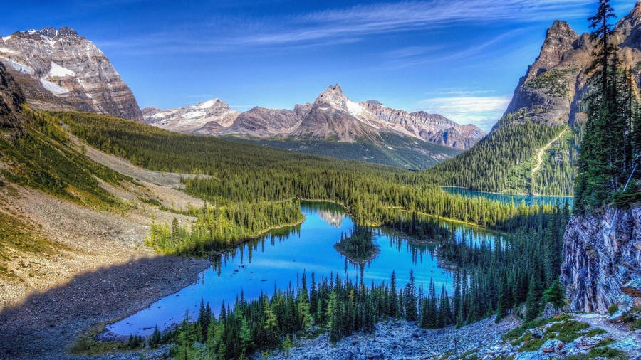 Caption: Majestic Rocky Mountain Amidst Lush Greenery Wallpaper