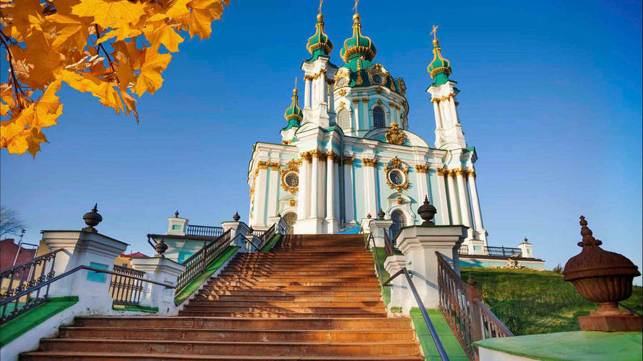 Caption: Majestic St. Andrew's Church In Kyiv, Ukraine Wallpaper