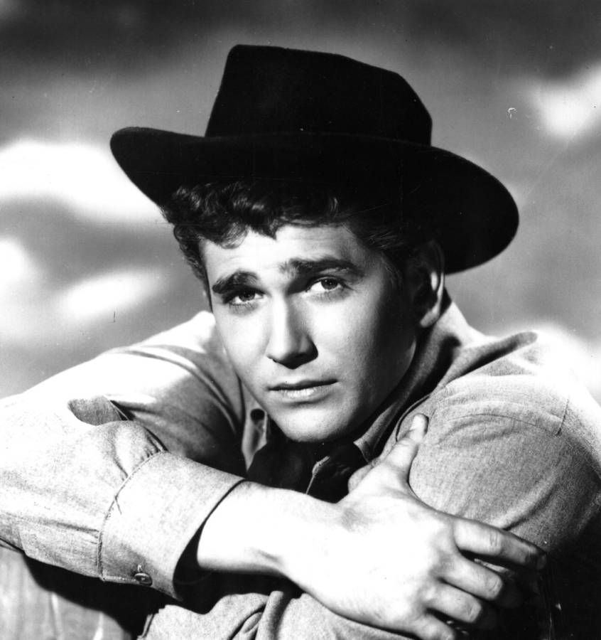 Caption: Michael Landon In A Classic Black And White Portrait Wallpaper