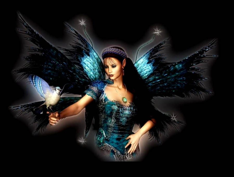 Caption: Mystical Enigma - Beautiful Dark Fairy With Blue Wings Wallpaper