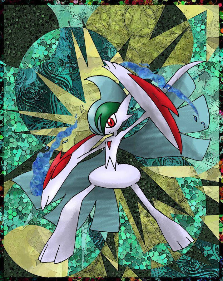 Caption: Powerful Gallade In Vibrant Abstract Background Wallpaper