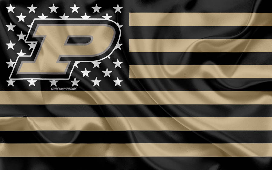 Caption: Purdue University - Logo Embellished On A Gold And Black Flag Wallpaper