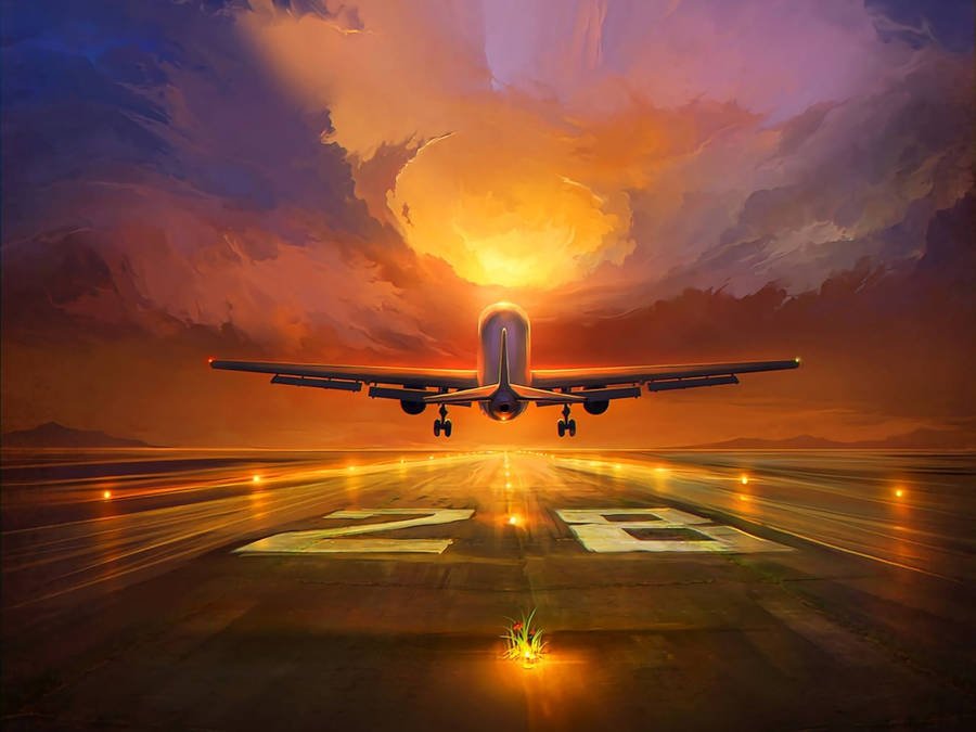 Captivating Artwork On Runway With An Airplane In View Wallpaper