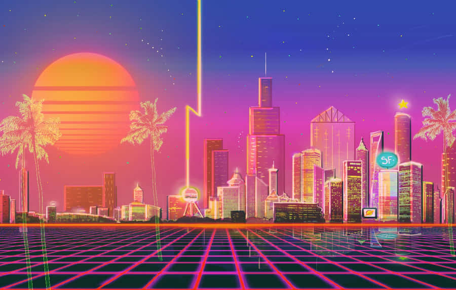 Cars, Buildings And Colorful Lights Illuminate The Night In Synthwave City. Wallpaper
