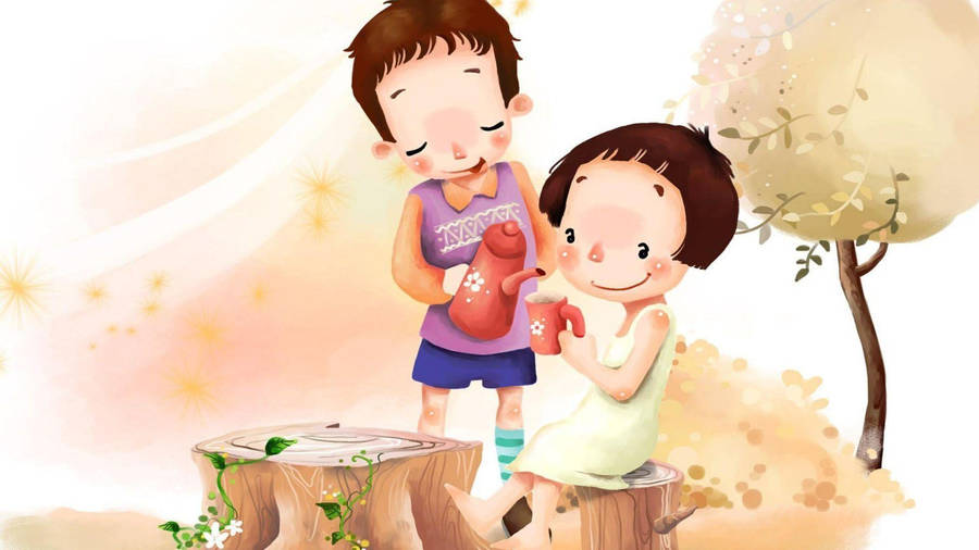 Cartoon Boy And Girl Playing Wallpaper