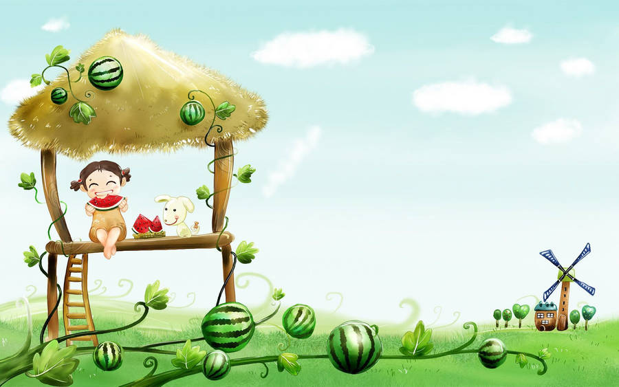 Cartoon Girl And Dog Watermelons Wallpaper