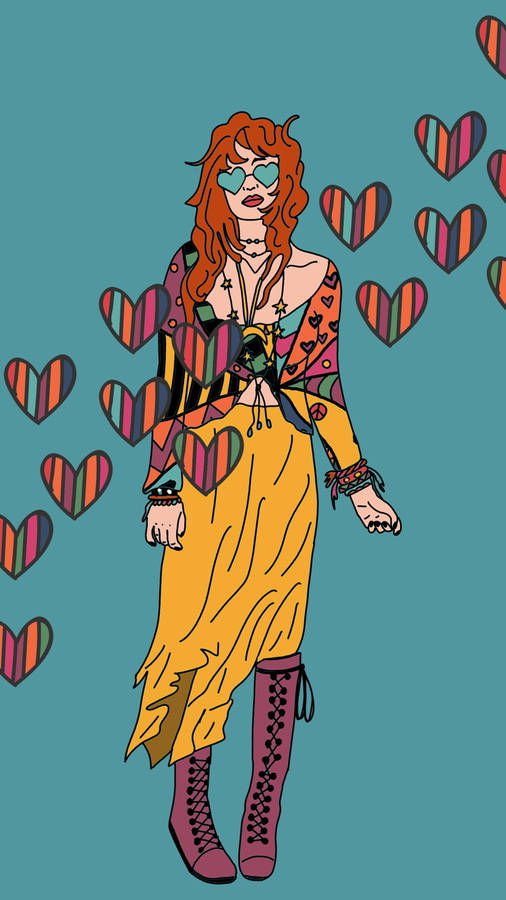 Cartoon Hippie Girl 70s Retro Aesthetic Wallpaper