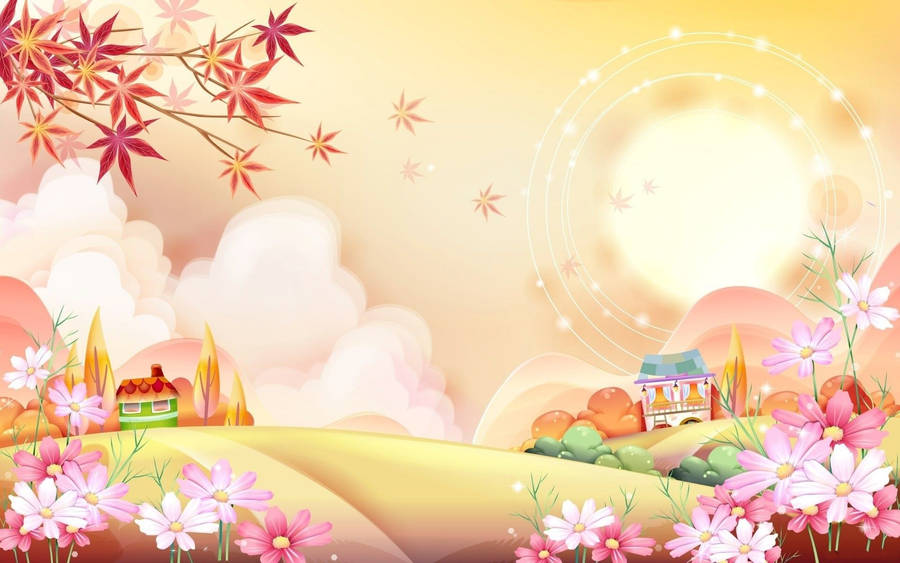 Cartoon Houses On Hills Wallpaper