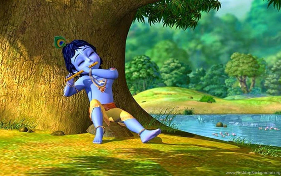 Cartoon Krishna With Flute Wallpaper