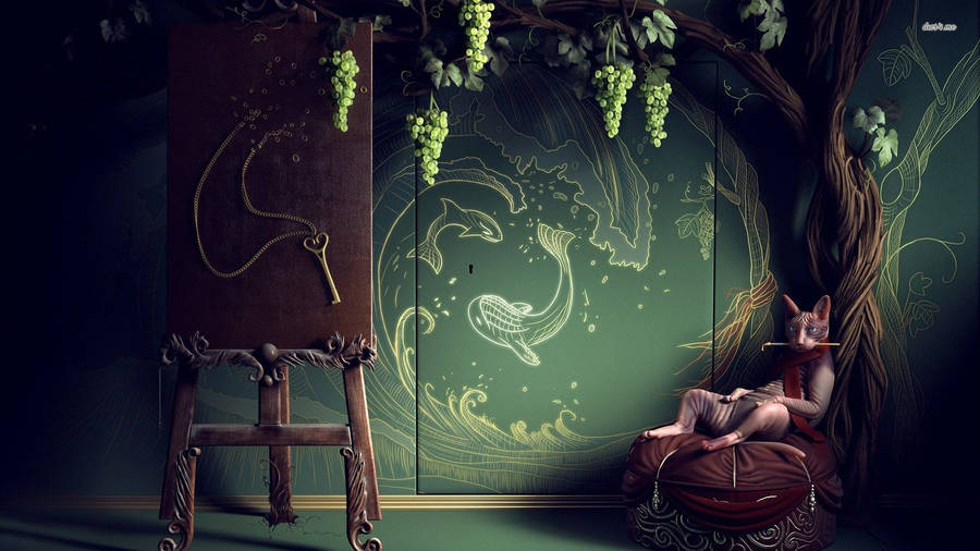 Cat Art Green Room With Tree Wallpaper