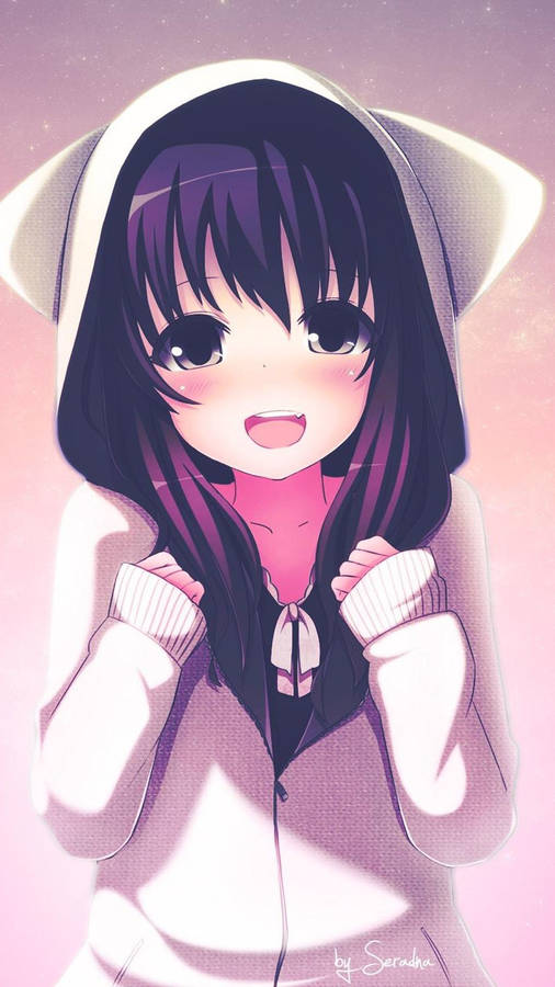 Cat Hoodie Cute Anime Girl Iphone Wallpaper WallpapersOK