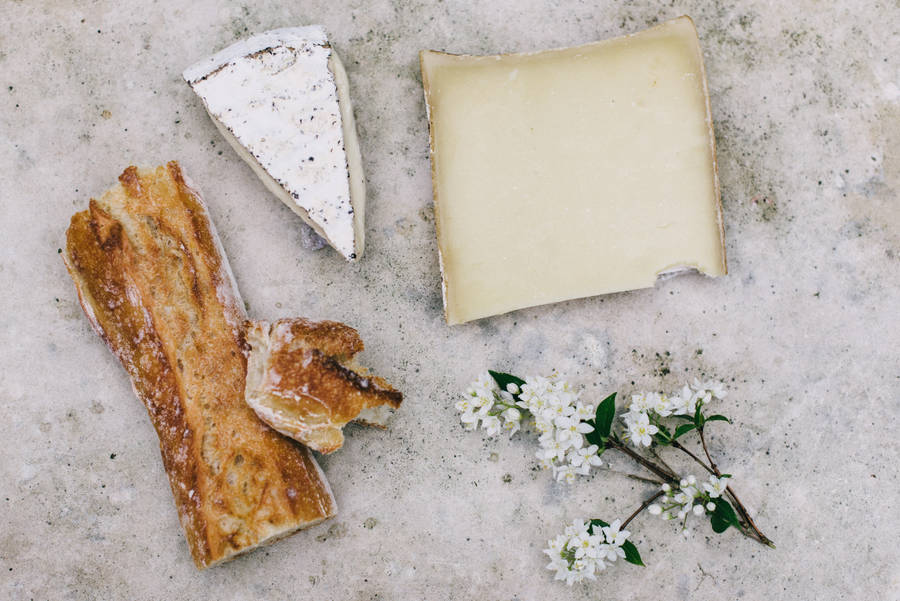 Cheese With Bread And Flowers Wallpaper