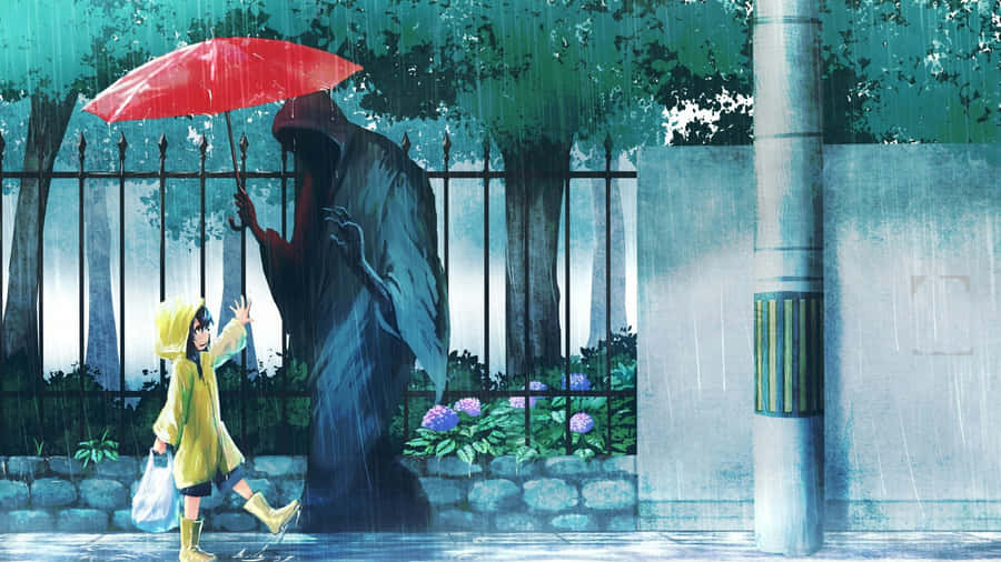 Child Meets Grim Reaper Umbrella Wallpaper