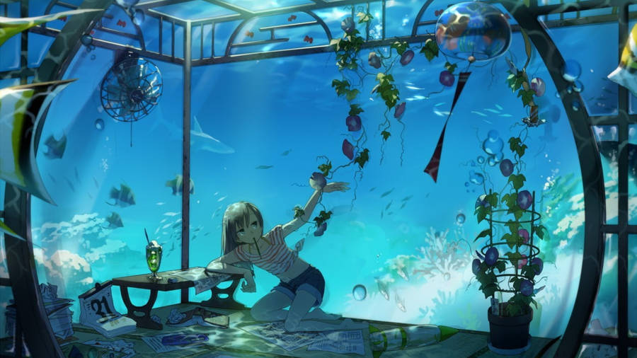 Chill Anime Girl In Aquarium Wallpaper