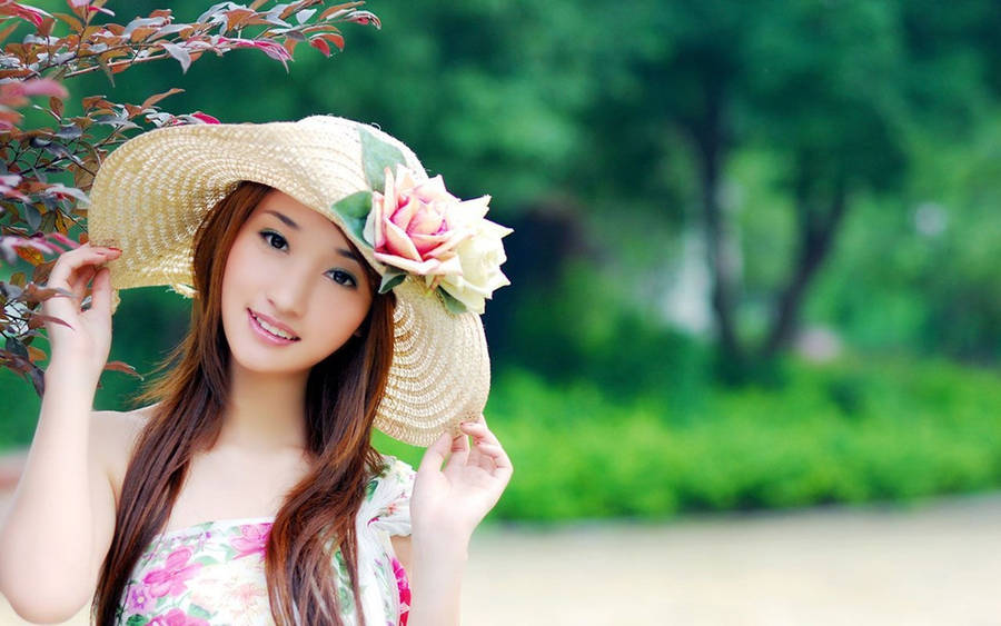 Chinese Girl Summer Hat Wallpaper