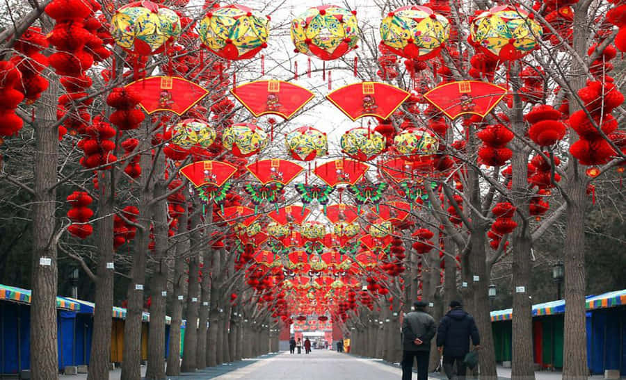 Chinese New Year 2022 Decorated Snowy Street Wallpaper