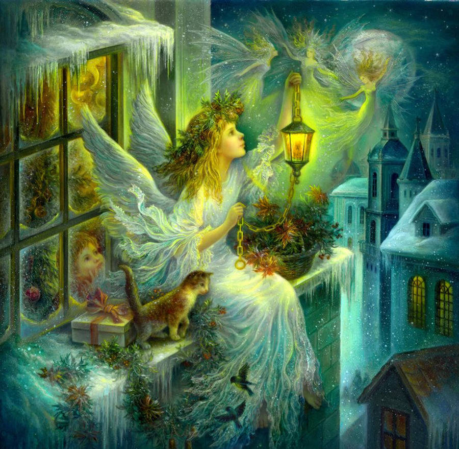 Christmas Angel At Snowy Night Wallpaper