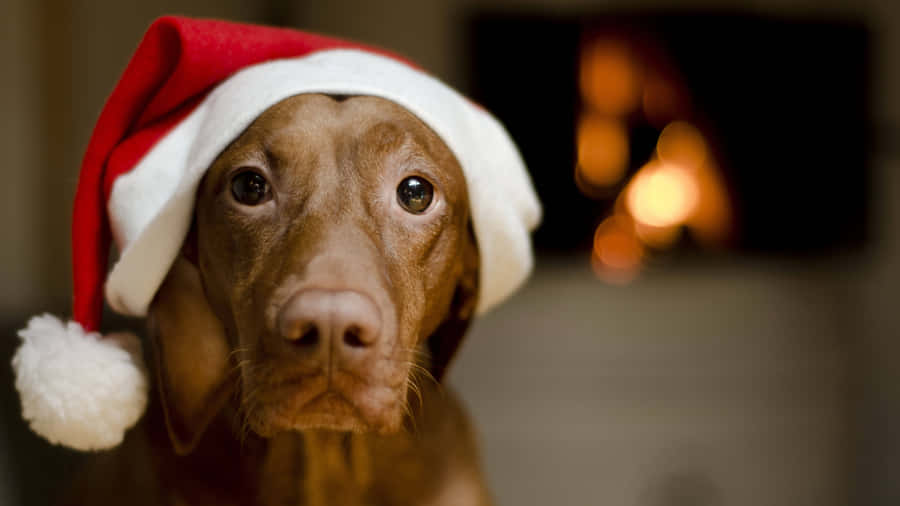 Christmas Dog In Front Of Fireplace Wallpaper