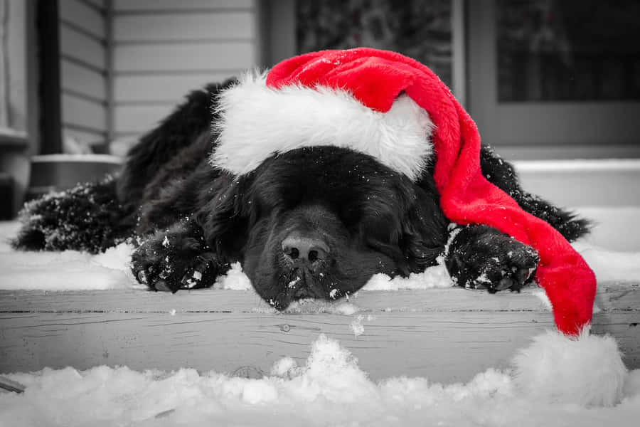 Christmas Dog Sleeping On Snowy Porch Wallpaper