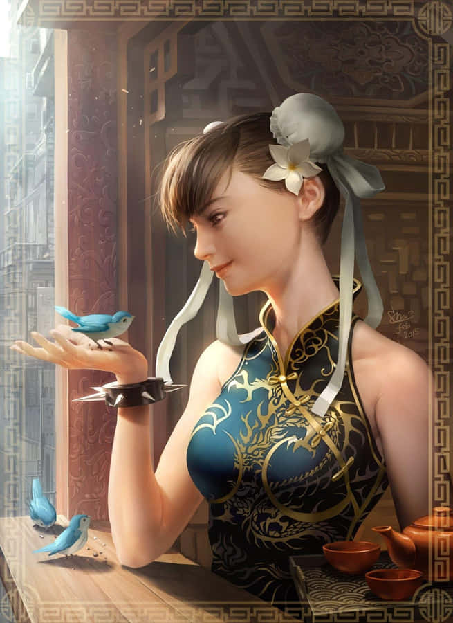 Chun Li Peaceful Momentwith Birds Wallpaper