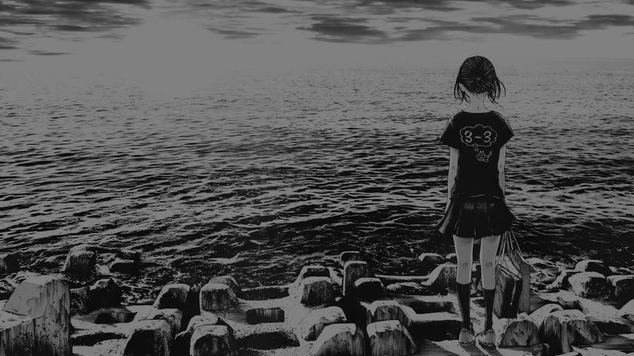 Cinematic Sad Anime Girl Black And White Desktop Wallpaper