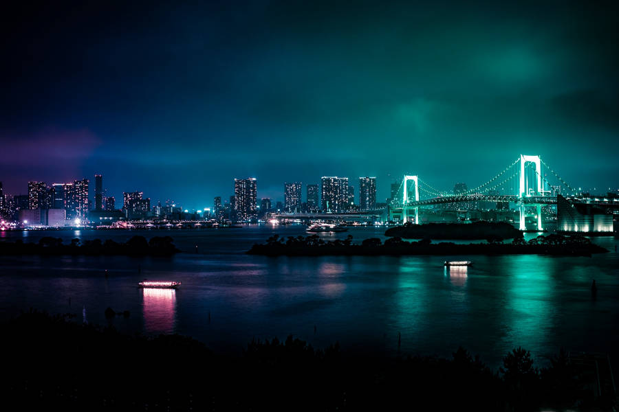 City Night Neon Green Bridge Wallpaper