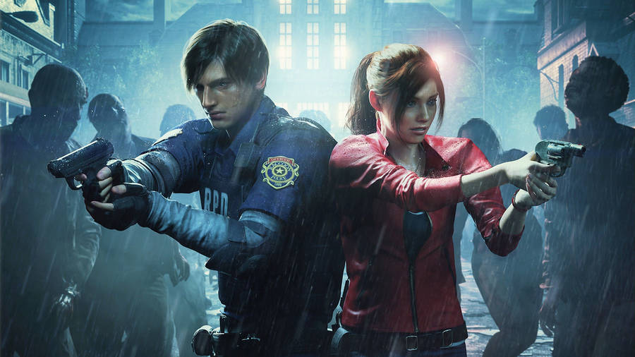 Claire Leon Vs Zombies Resident Evil 2 Remake Wallpaper