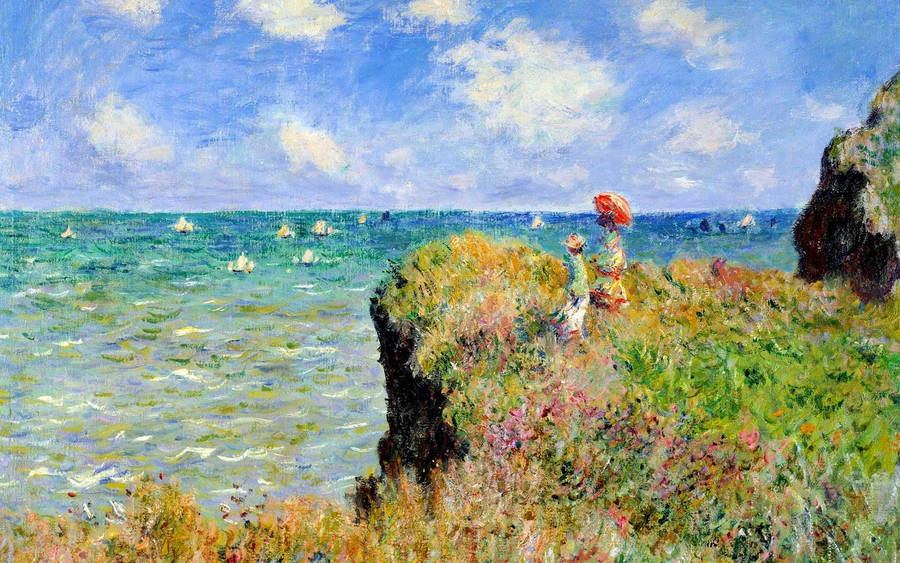 Cliffside Stroll Impressionist Painting Wallpaper