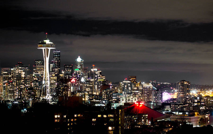 Cloudy Dark Space Needle Seattle Skyline Washington Wallpaper