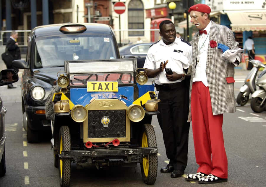 Clownand Vintage Taxi Street Scene Wallpaper