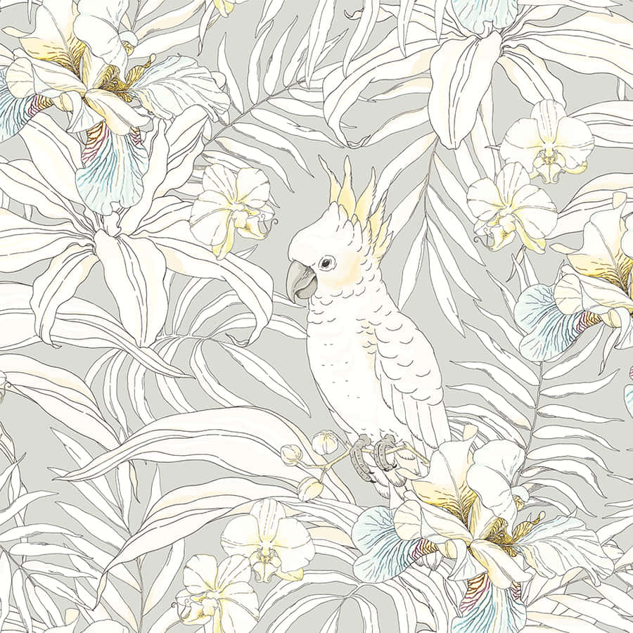 Cockatoo Among Floral Pattern Wallpaper