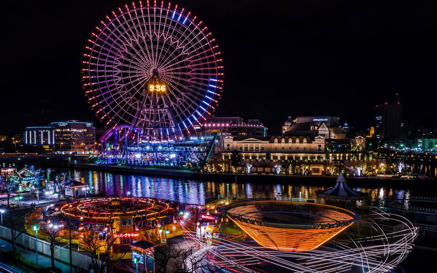 Colorful City Lights In Yokohama Wallpaper