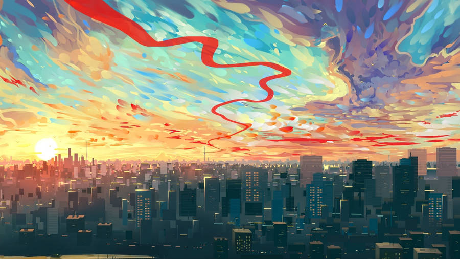 Colorful City Sky Art Drawing Wallpaper