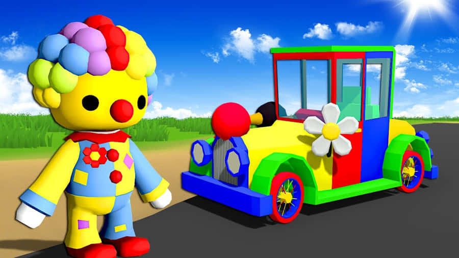 Colorful_ Clown_and_ Car_ Cartoon Wallpaper