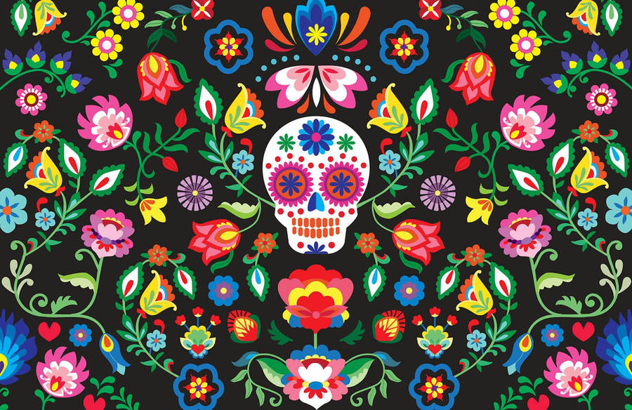 Colorful Flowers And Sugar Skull Wallpaper