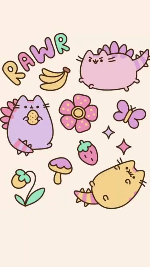 Colorful Pusheen Dino Kawaii Iphone Wallpaper