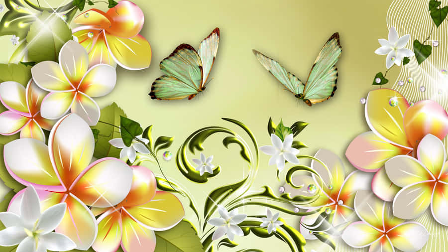 Computer Made Flowers And Butterflies Art Wallpaper