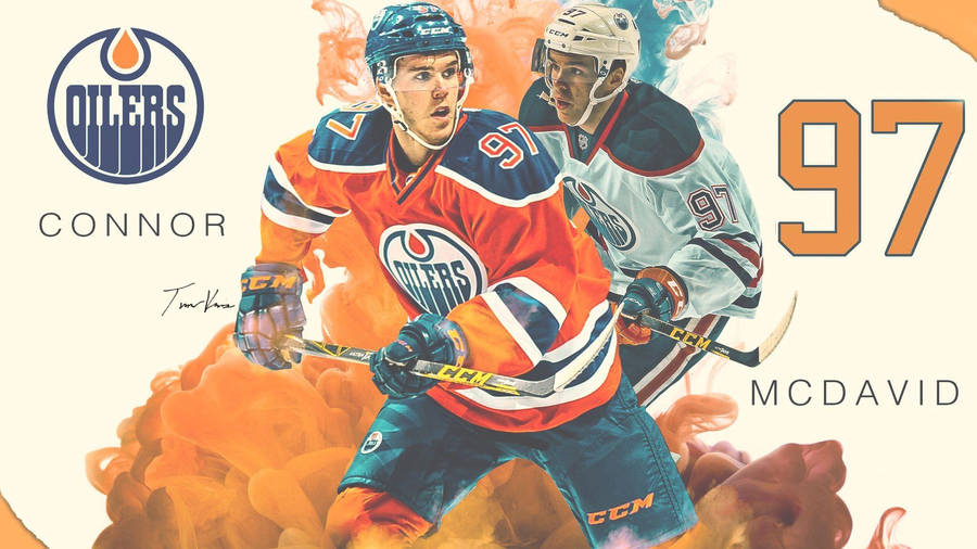 Connor Mcdavid With Oilers Logo Wallpaper