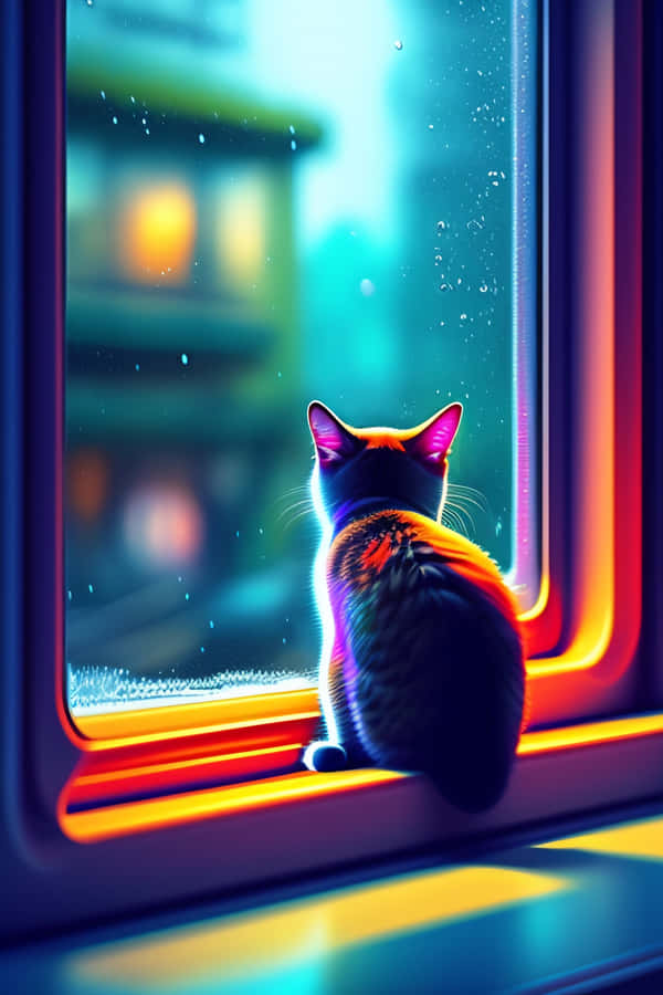 Contemplative Cat Gazing Out Rainy Window Wallpaper