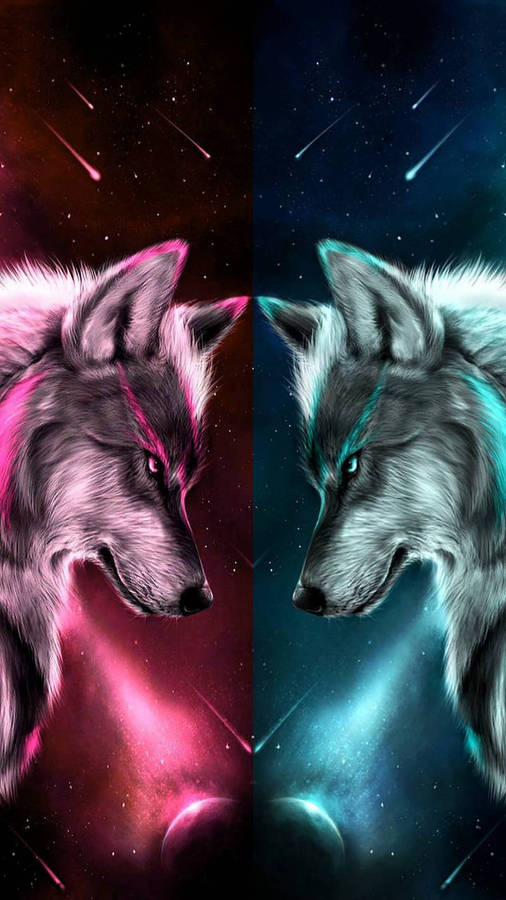 Cool Pink And Blue Galaxy Wolf Staredown Wallpaper